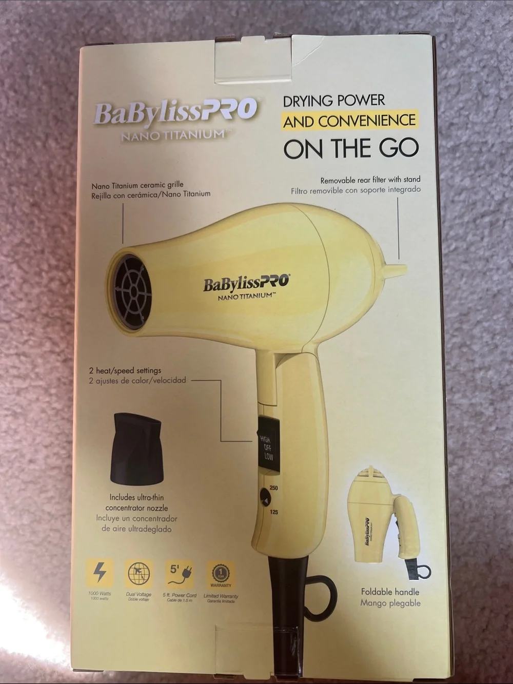 NIB Limited Edition Lemon Meringue BaBylissPro nano folding traveling hair dryer